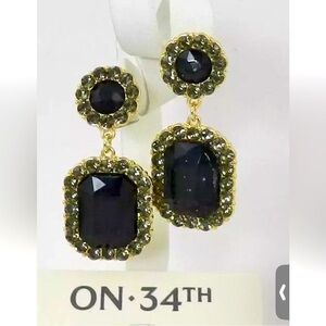 ON 34th Black Stone Drop Earrings Gold Tone